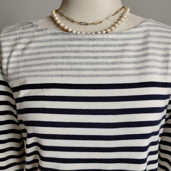 Talbots Cotton Breton Stripe Top Navy Cream Camel Classic Nautical Size M Petite - Picture 3 of 14
